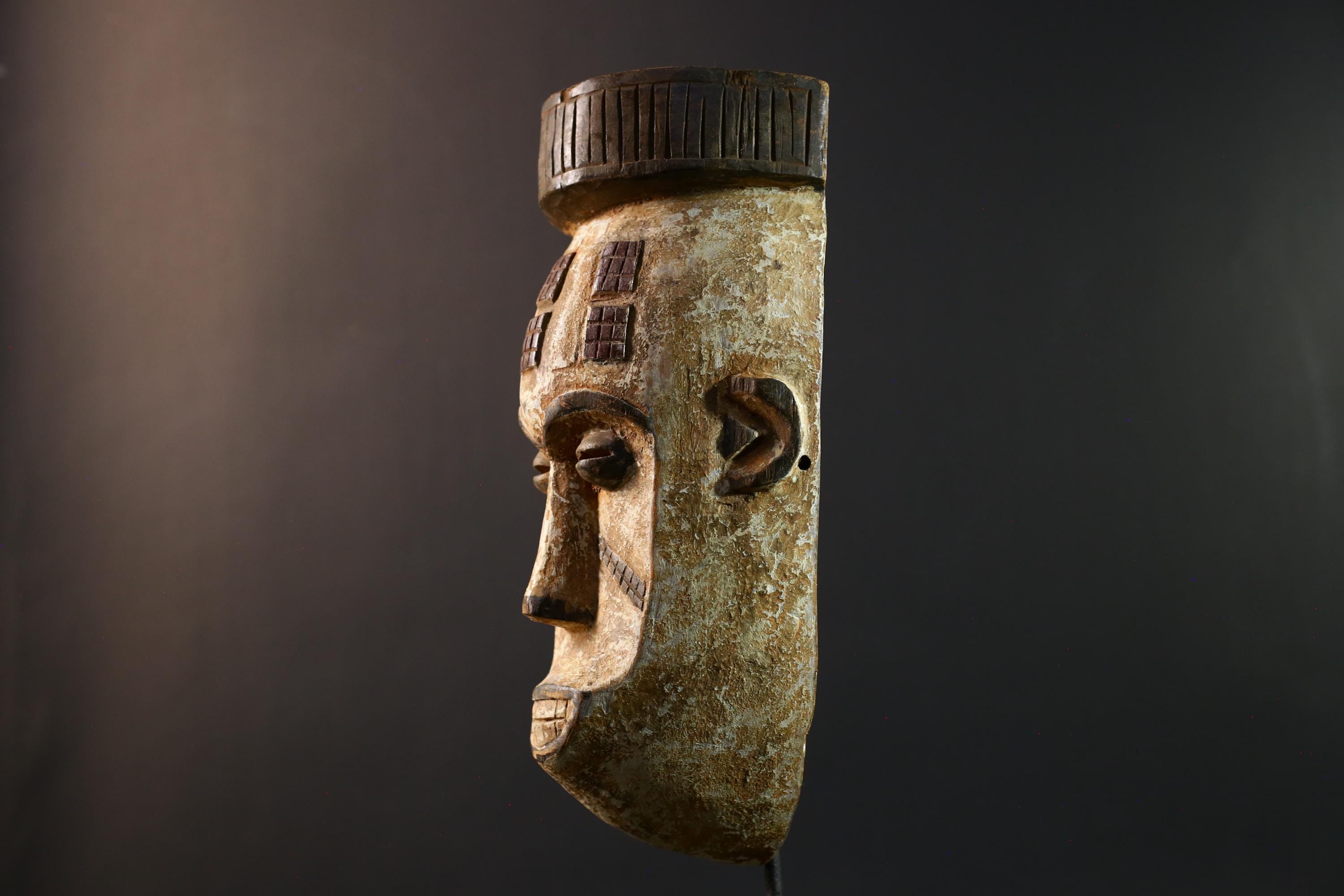 African Songye mask, tribal kifwebe male mask art, DR Congo carved wall mask, geometric African face, spiritual ritual decor-G5404