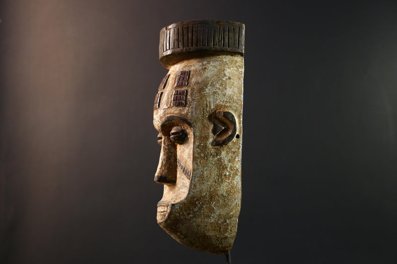 African Songye mask, tribal kifwebe male mask art, DR Congo carved wall mask, geometric African face, spiritual ritual decor-G5404