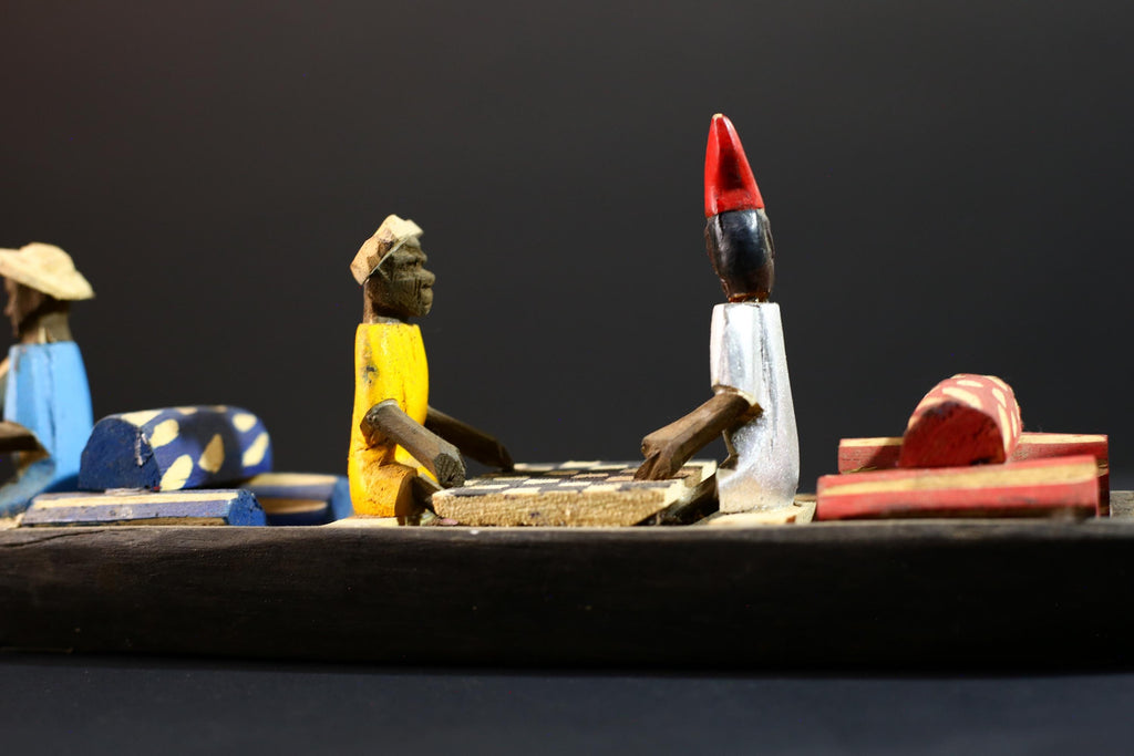 African canoe sculpture, river trade folk art decor, hand carved wooden boat, Congolese village scene, colorful African figures-G5405