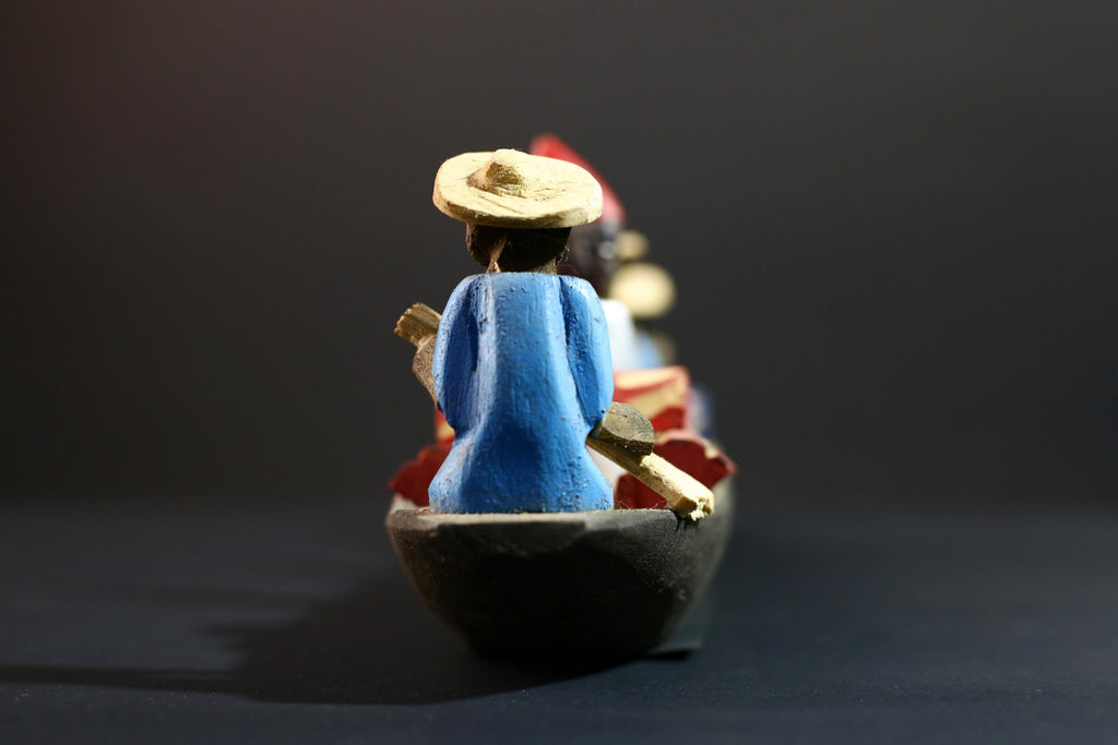 African canoe sculpture, river trade folk art decor, hand carved wooden boat, Congolese village scene, colorful African figures-G5405