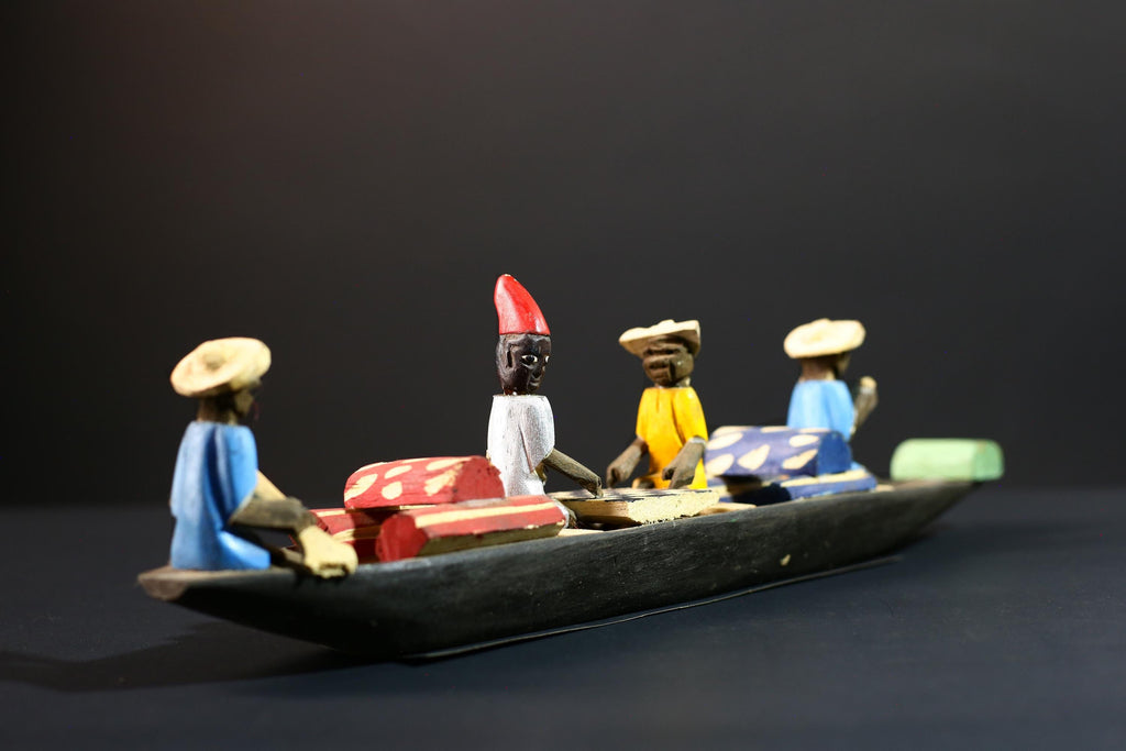 African canoe sculpture, river trade folk art decor, hand carved wooden boat, Congolese village scene, colorful African figures-G5405
