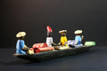 African canoe sculpture, river trade folk art decor, hand carved wooden boat, Congolese village scene, colorful African figures-G5405