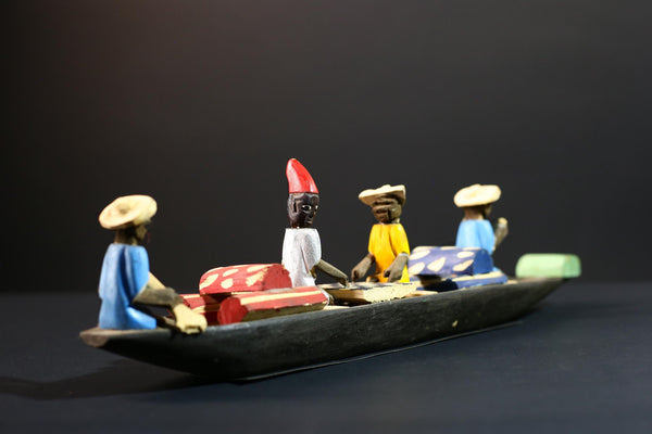 African canoe sculpture, river trade folk art decor, hand carved wooden boat, Congolese village scene, colorful African figures-G5405