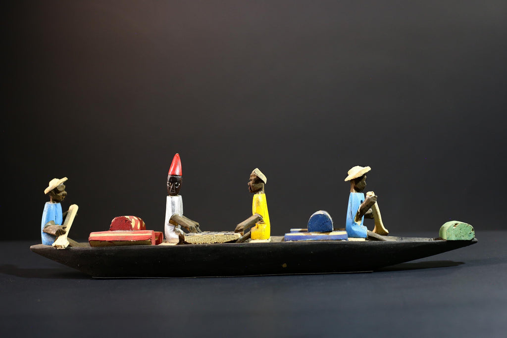 African canoe sculpture, river trade folk art decor, hand carved wooden boat, Congolese village scene, colorful African figures-G5405