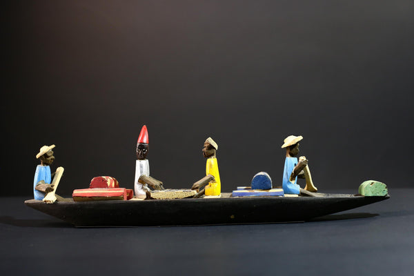 African canoe sculpture, river trade folk art decor, hand carved wooden boat, Congolese village scene, colorful African figures-G5405