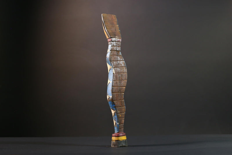 African Gurunsi sculpture, tribal fertility statue art, painted wood female figure, carved wall decor from Burkina Faso-G5406