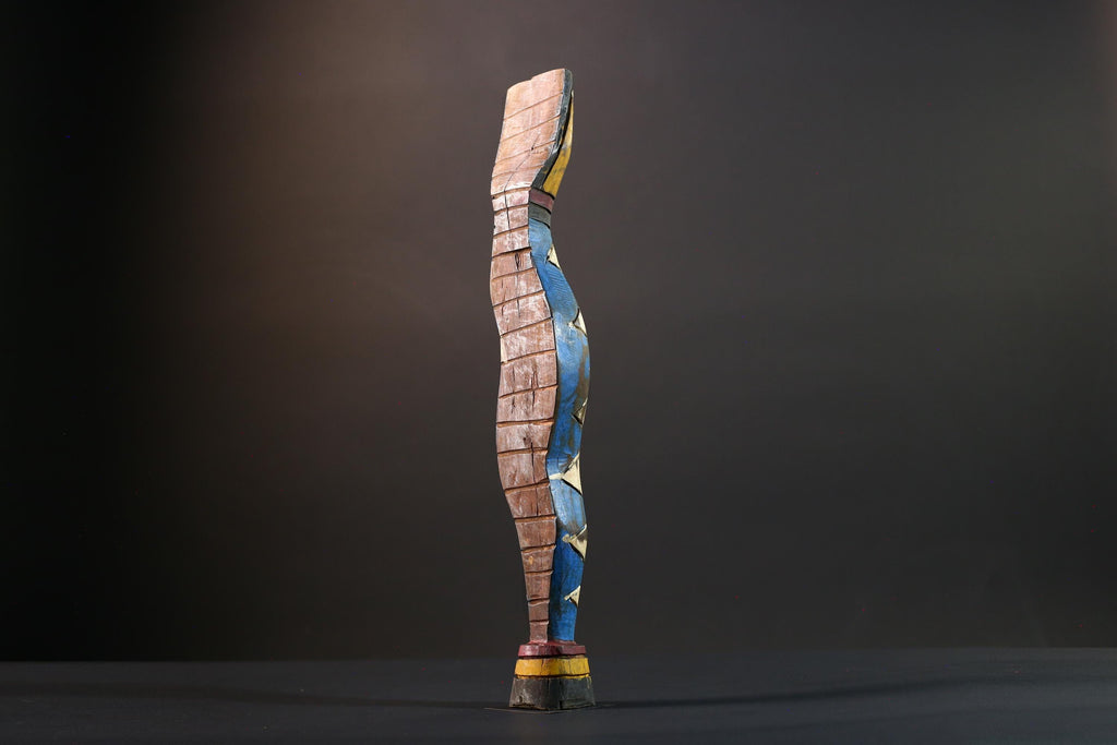 African Gurunsi sculpture, tribal fertility statue art, painted wood female figure, carved wall decor from Burkina Faso-G5406