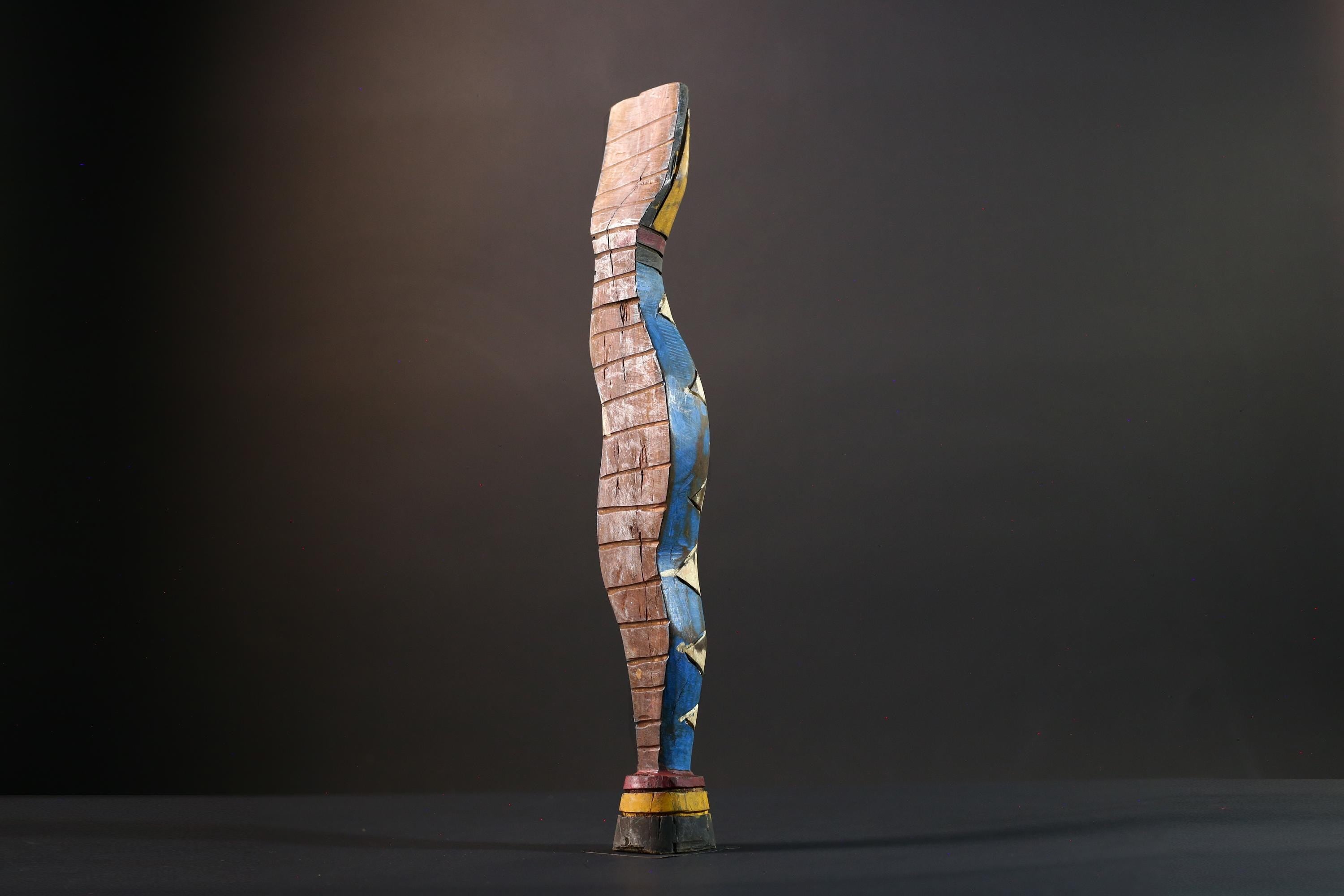 African Gurunsi sculpture, tribal fertility statue art, painted wood female figure, carved wall decor from Burkina Faso-G5406