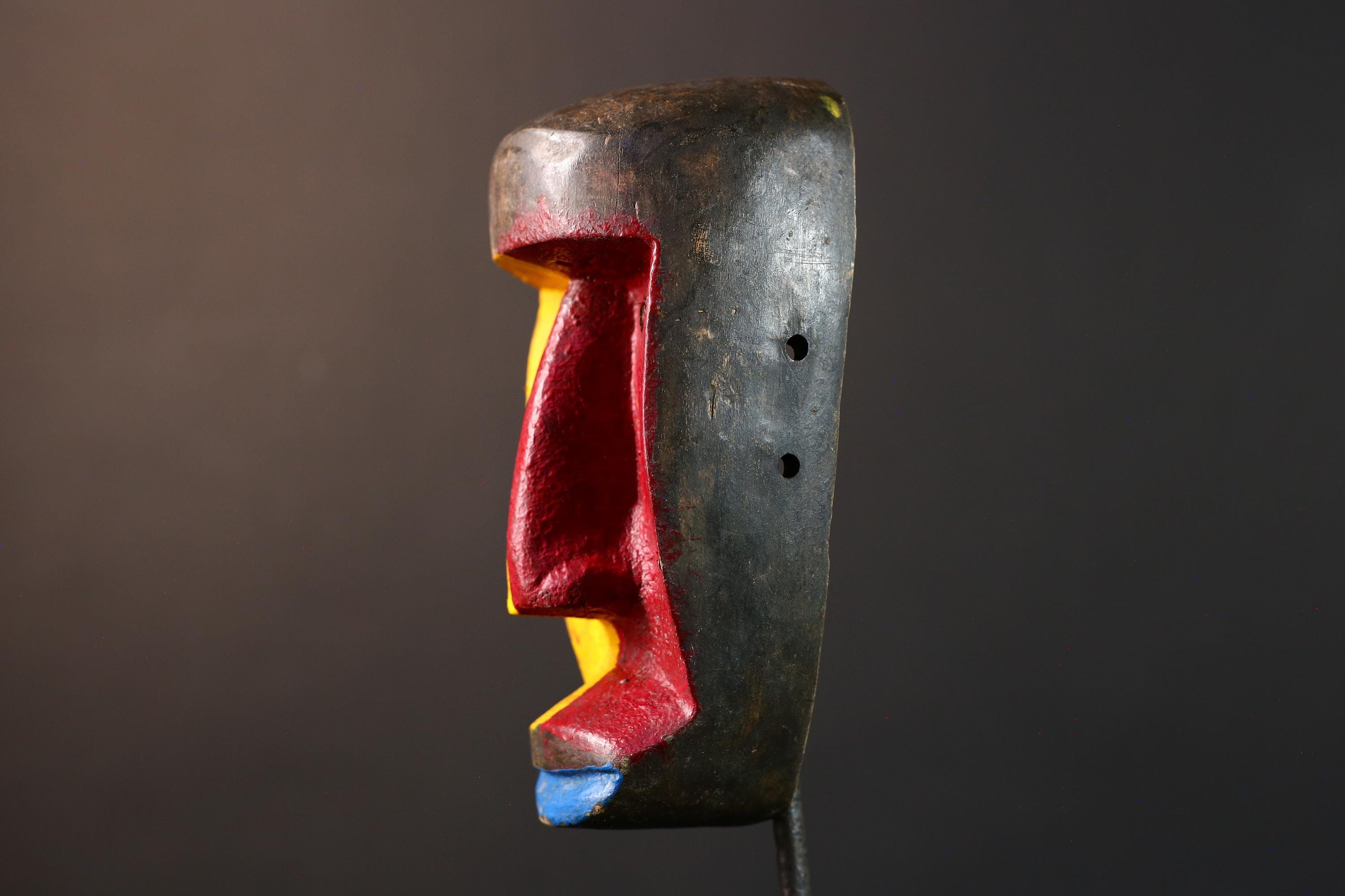 African abstract mask, modern tribal wood wall art, Dan style painted face decor, colorful hand carved African sculpture-G5407