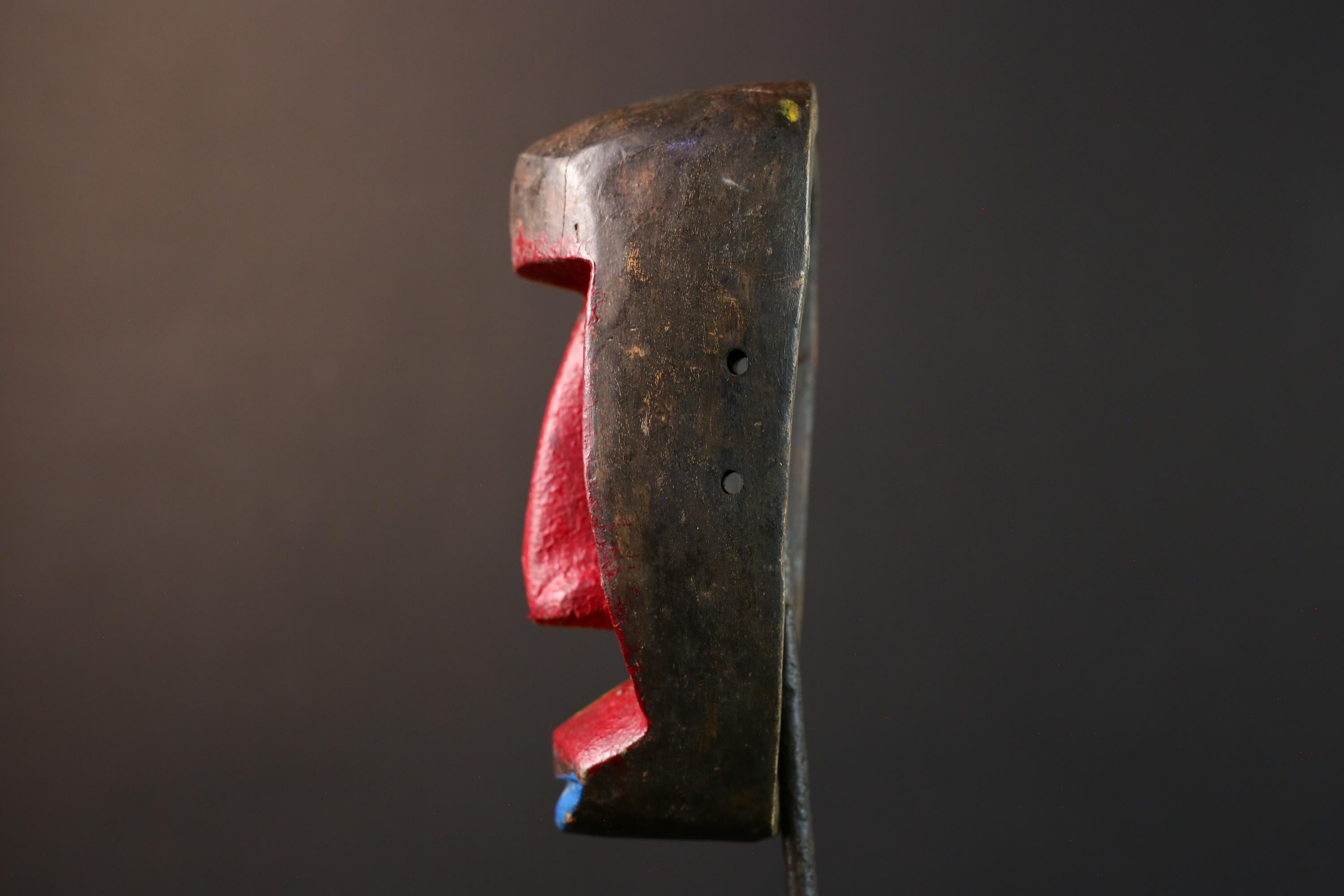 African abstract mask, modern tribal wood wall art, Dan style painted face decor, colorful hand carved African sculpture-G5407