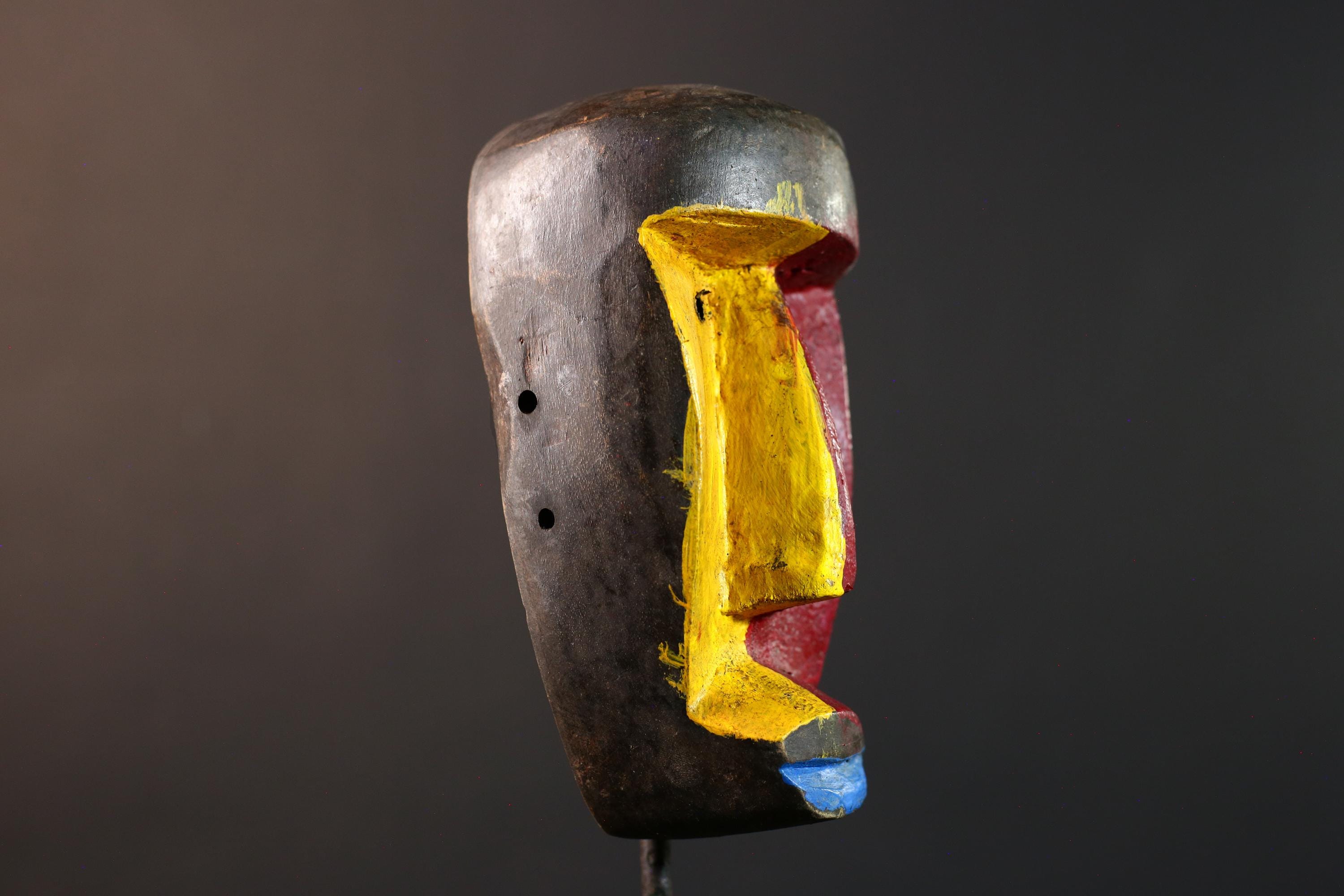 African abstract mask, modern tribal wood wall art, Dan style painted face decor, colorful hand carved African sculpture-G5407