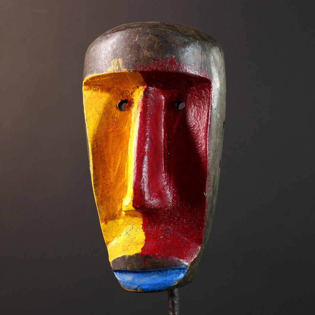 African abstract mask, modern tribal wood wall art, Dan style painted face decor, colorful hand carved African sculpture-G5407