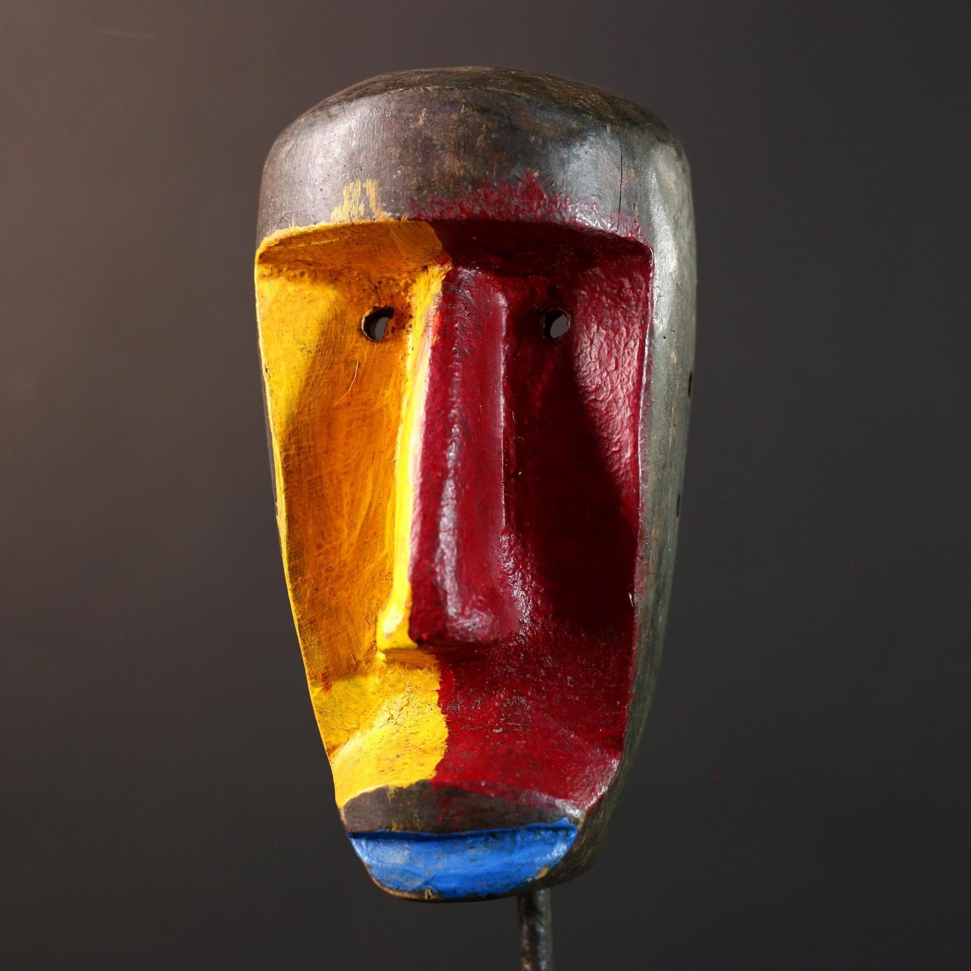 African abstract mask, modern tribal wood wall art, Dan style painted face decor, colorful hand carved African sculpture-G5407