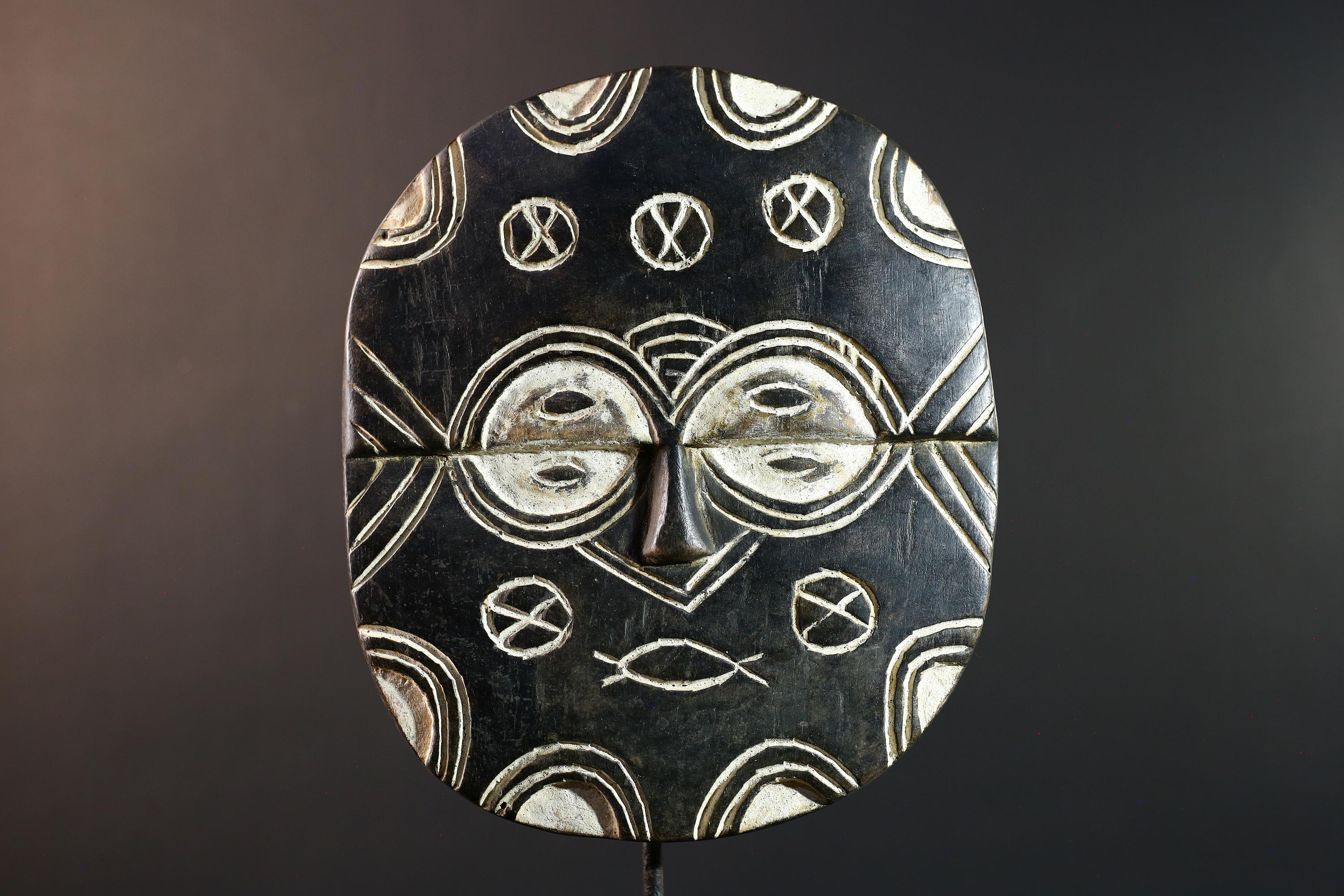 African Bwa sun mask, tribal wall art from Burkina Faso, black and white wood mask, hand carved spiritual decor, African wall mask-G5410