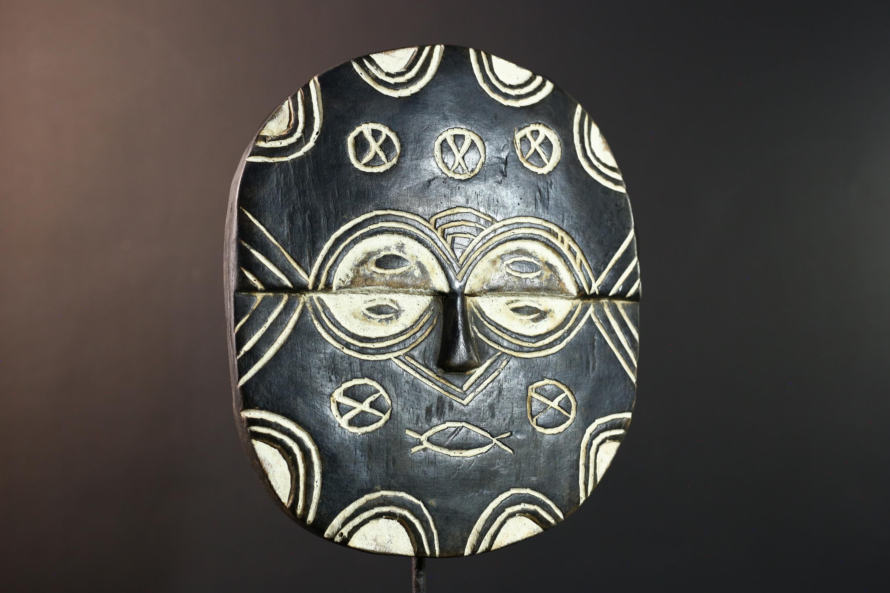 African Bwa sun mask, tribal wall art from Burkina Faso, black and white wood mask, hand carved spiritual decor, African wall mask-G5410