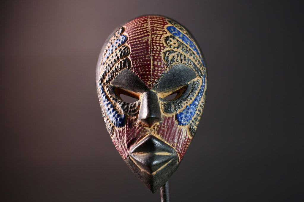 decorative african mask dan style tribal art face wall sculpture geometric carved mask red blue wall decor handmade wood mask-G5411