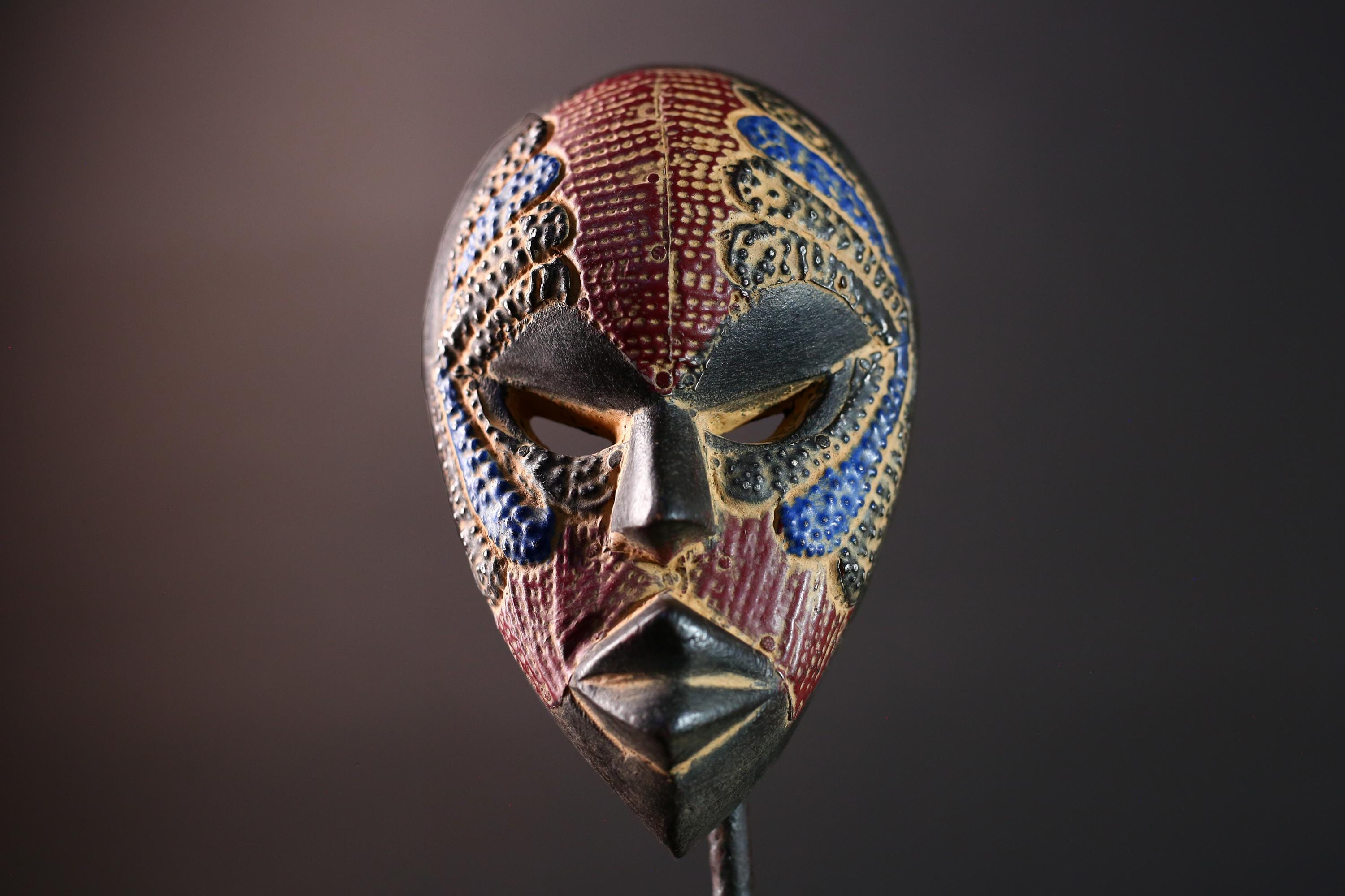 decorative african mask dan style tribal art face wall sculpture geometric carved mask red blue wall decor handmade wood mask-G5411