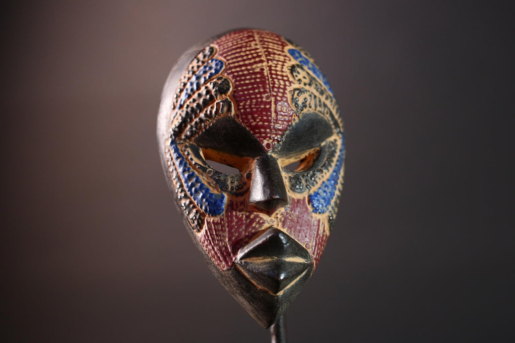 decorative african mask dan style tribal art face wall sculpture geometric carved mask red blue wall decor handmade wood mask-G5411
