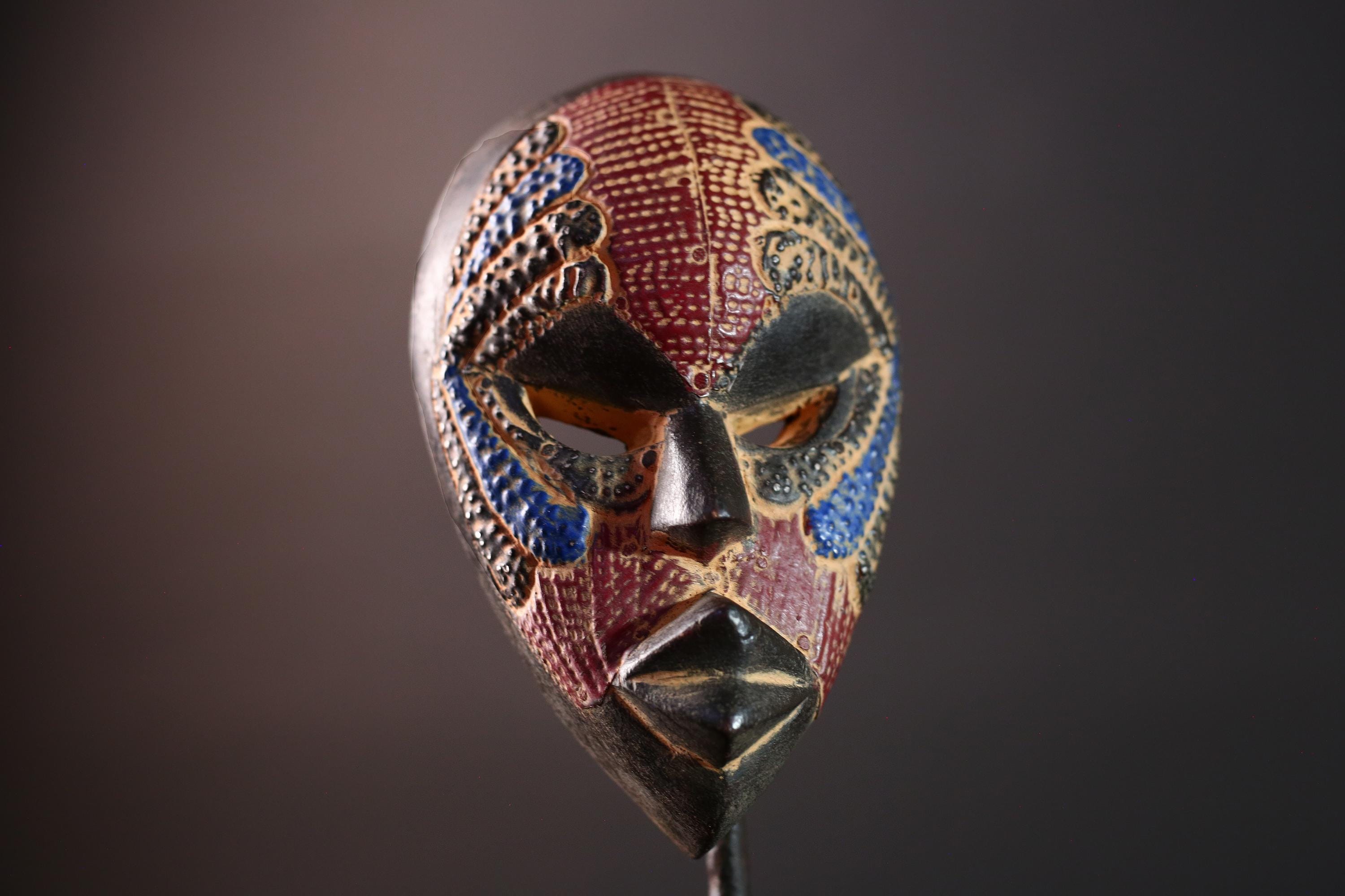 decorative african mask dan style tribal art face wall sculpture geometric carved mask red blue wall decor handmade wood mask-G5411