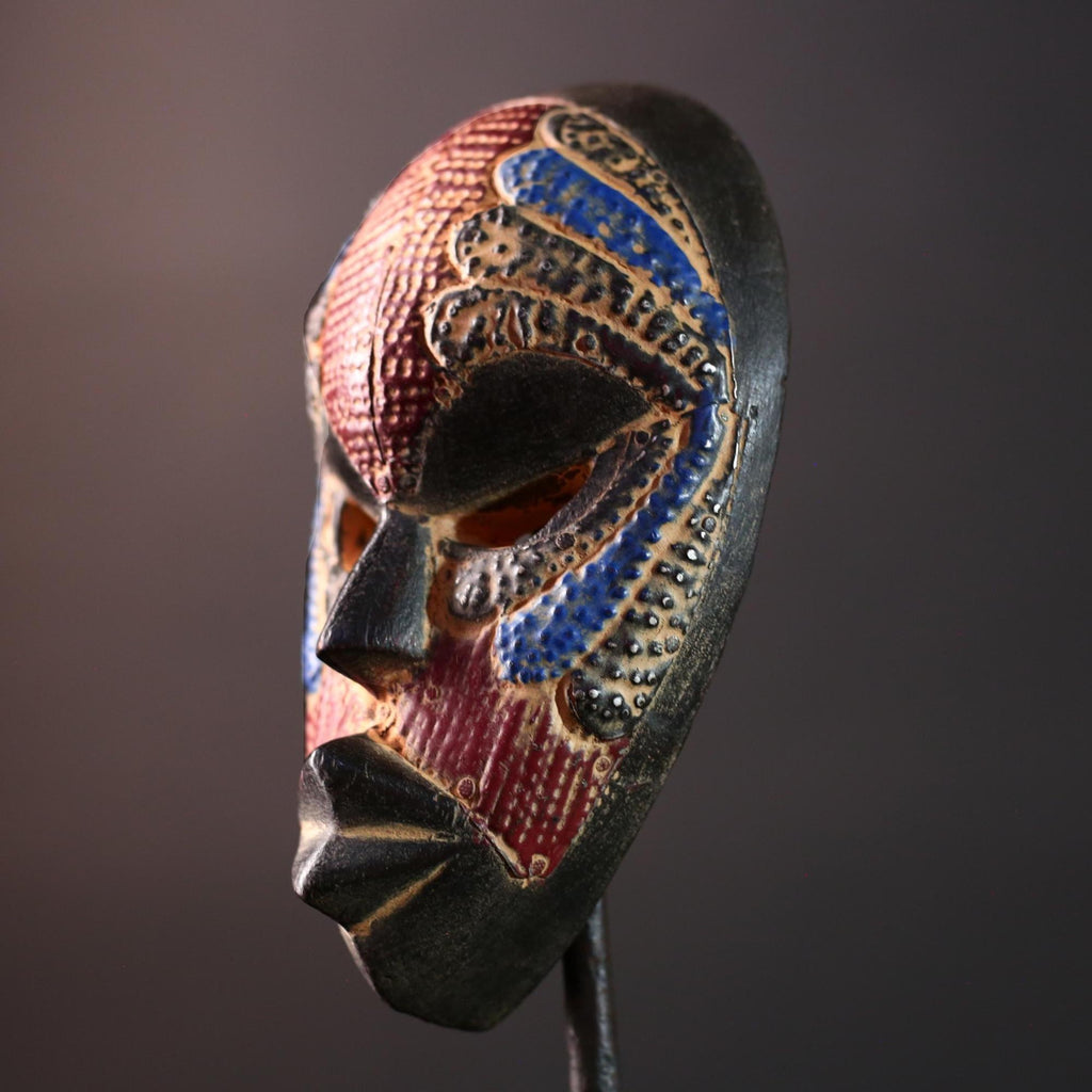 decorative african mask dan style tribal art face wall sculpture geometric carved mask red blue wall decor handmade wood mask-G5411