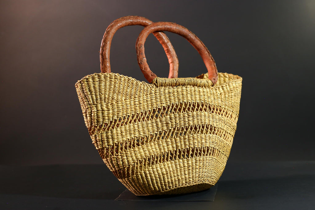 African Gurunsi basket handwoven bolga tote Ghana straw market bag leather handle natural style-G5412