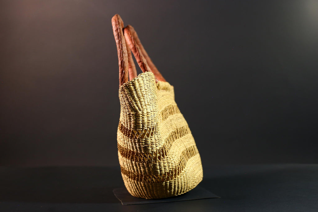 African Gurunsi basket handwoven bolga tote Ghana straw market bag leather handle natural style-G5412