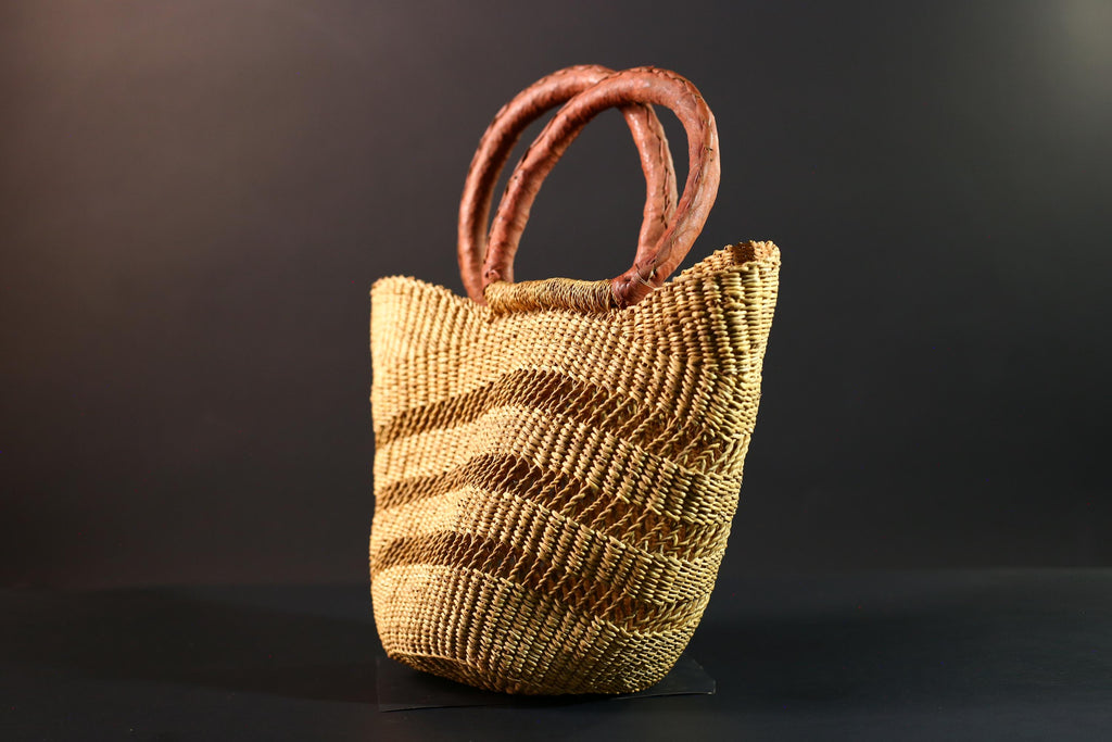 African Gurunsi basket handwoven bolga tote Ghana straw market bag leather handle natural style-G5412