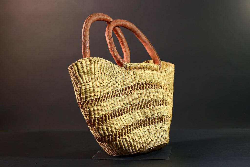 African Gurunsi basket handwoven bolga tote Ghana straw market bag leather handle natural style-G5412