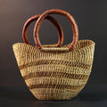 African Gurunsi basket handwoven bolga tote Ghana straw market bag leather handle natural style-G5412