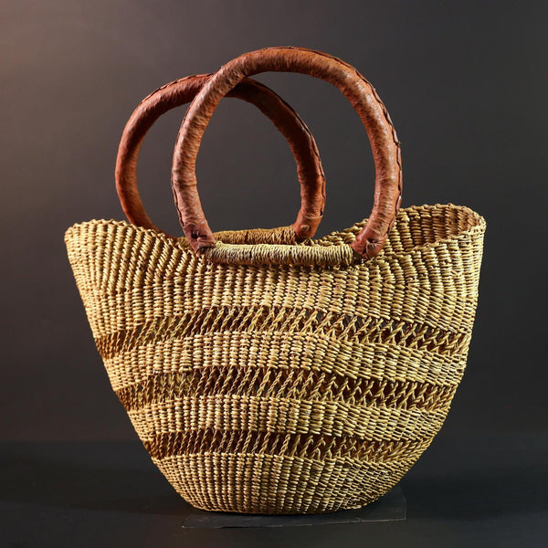 African Gurunsi basket handwoven bolga tote Ghana straw market bag leather handle natural style-G5412