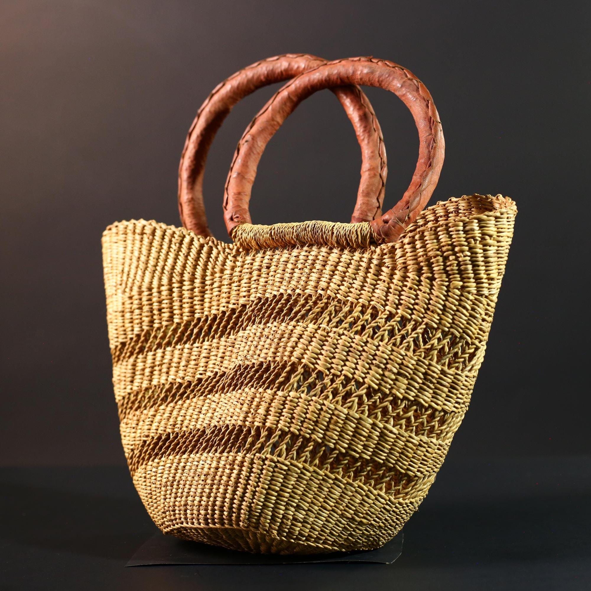 African Gurunsi basket handwoven bolga tote Ghana straw market bag leather handle natural style-G5412