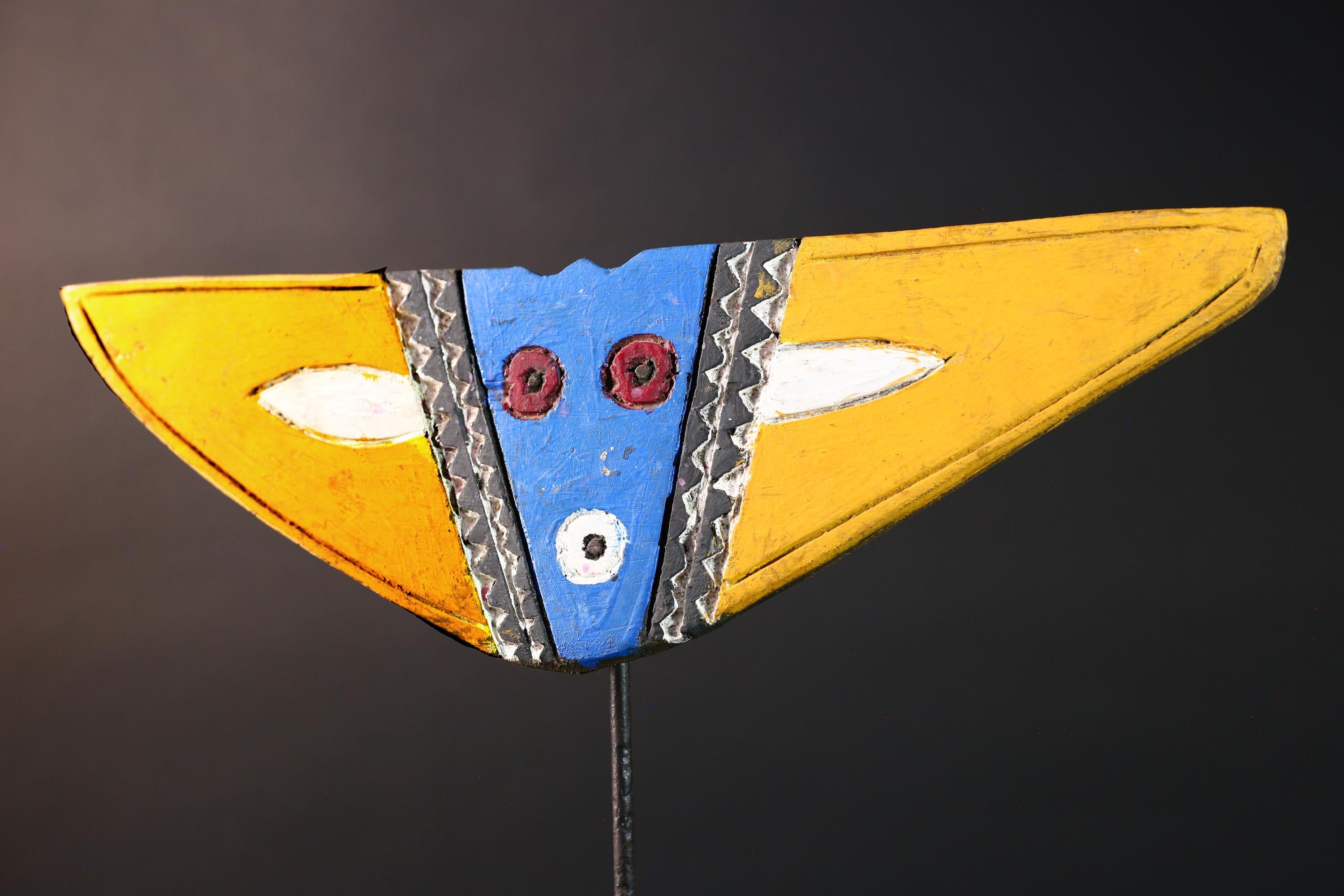 African Bwa mask tribal butterfly plank mask blue yellow wall decor Burkina Faso wood spirit mask hand carved vintage geometric art-G5414