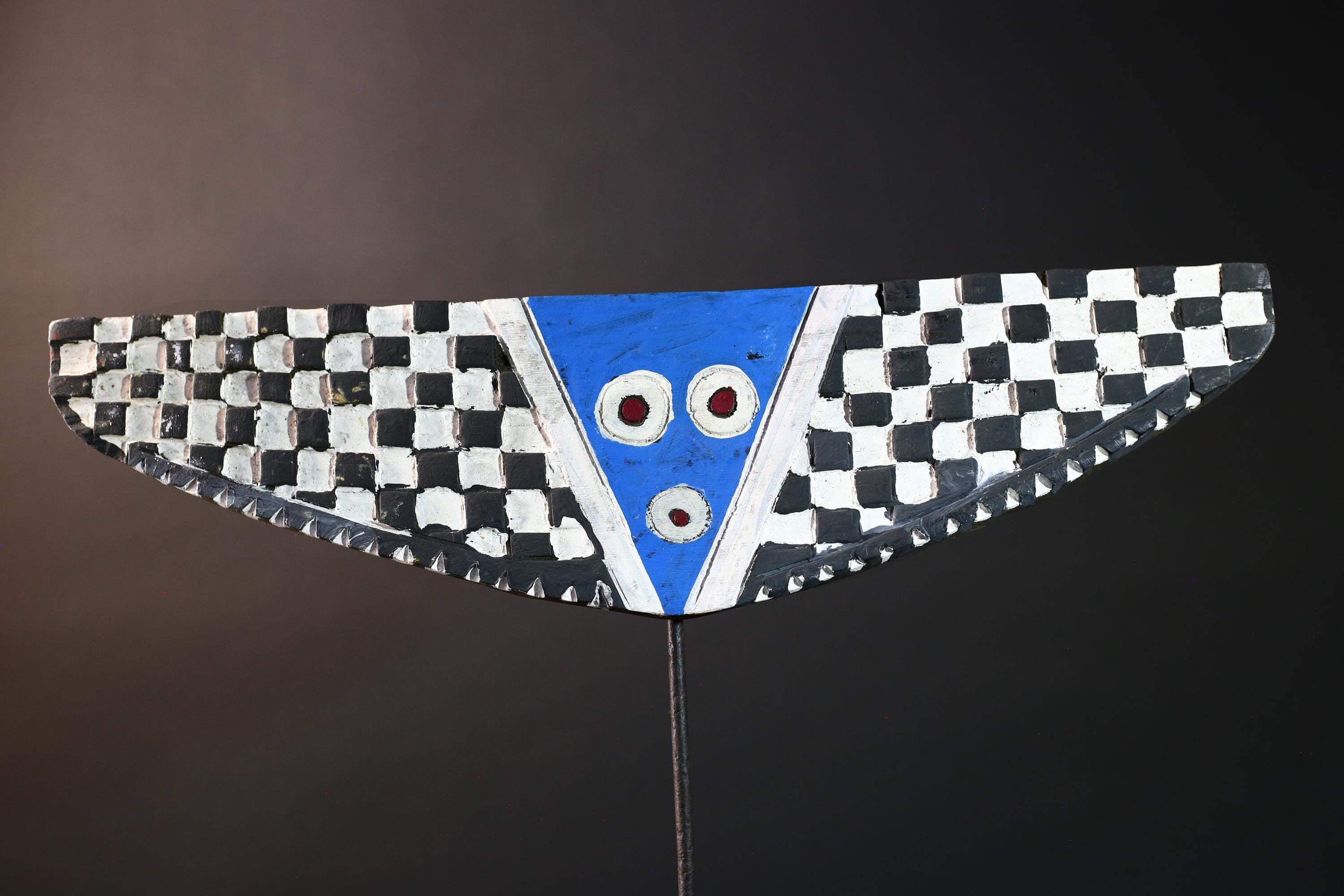 Butterfly tribal mask african bwa art hand carved plank wall decor burkina faso blue checkerboard spirit mask vintage wood carving-G5415