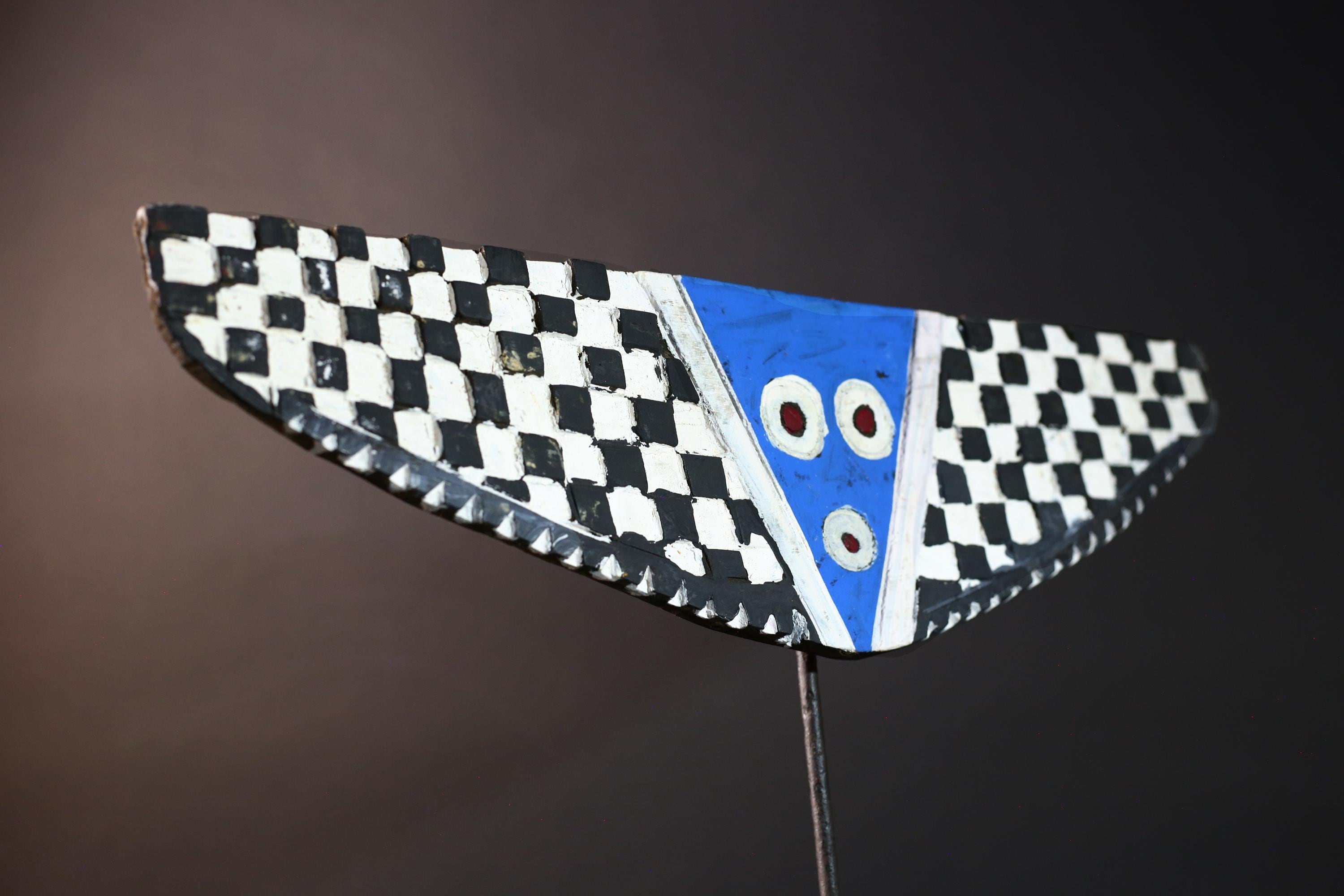 Butterfly tribal mask african bwa art hand carved plank wall decor burkina faso blue checkerboard spirit mask vintage wood carving-G5415
