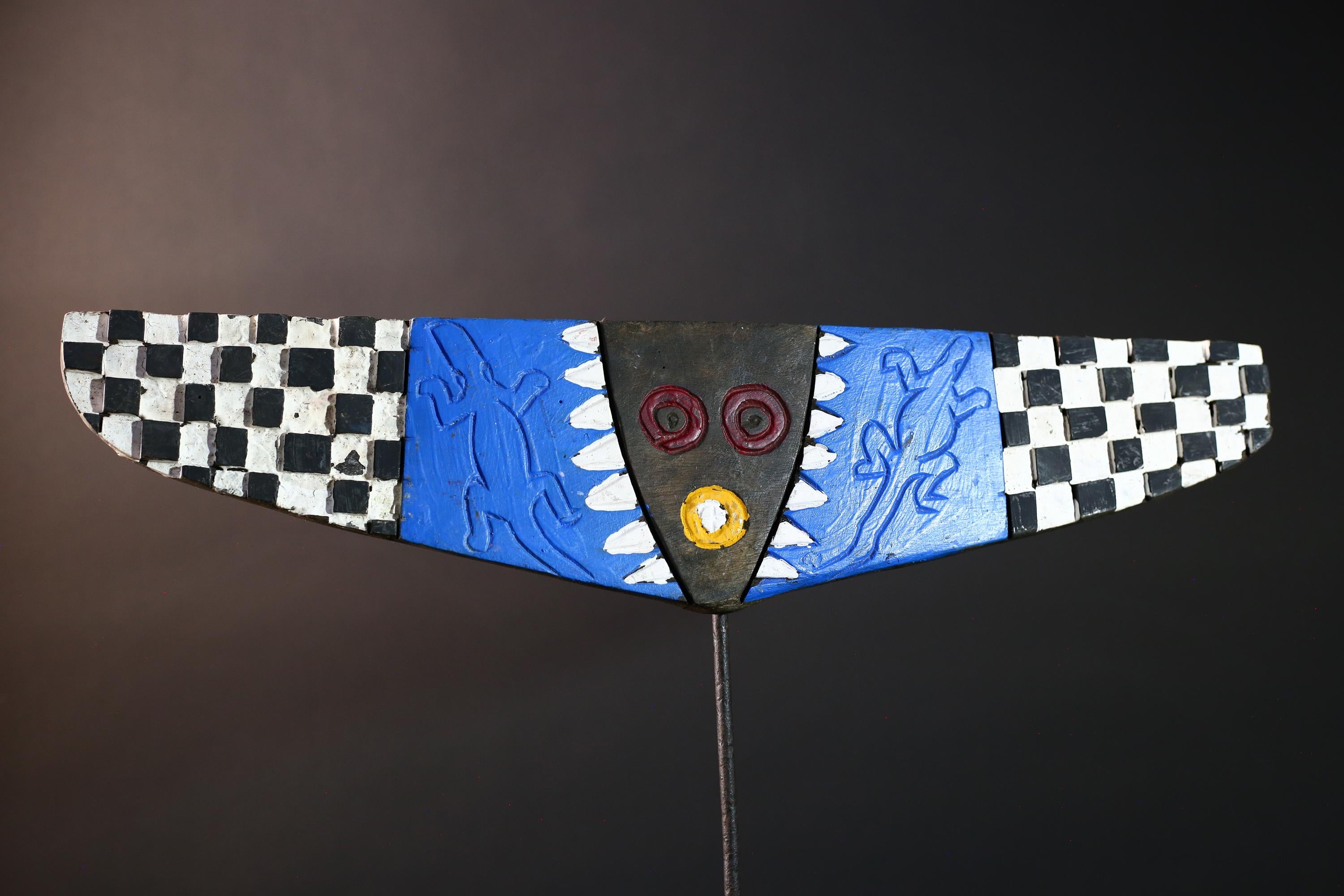 Tribal plank mask african bwa butterfly art checkerboard wall decor burkina faso blue spirit carving wood vintage geometric sculpture-G5416