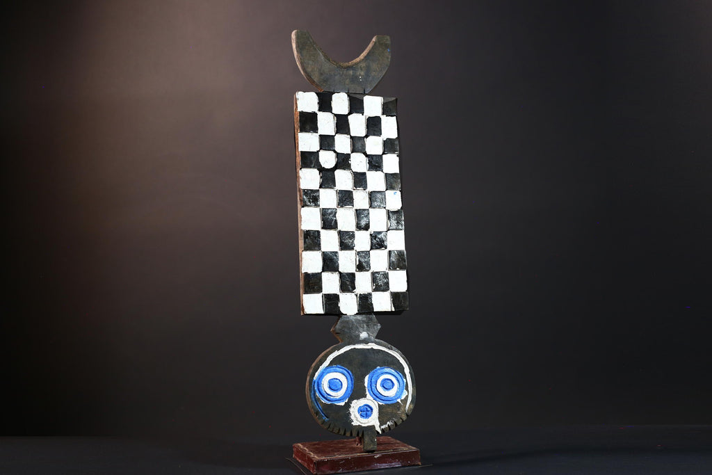 Vertical spirit mask bwa plank mask african tribal art checkerboard wood mask burkina faso wall carving vintage ceremonial sculpture-G5418