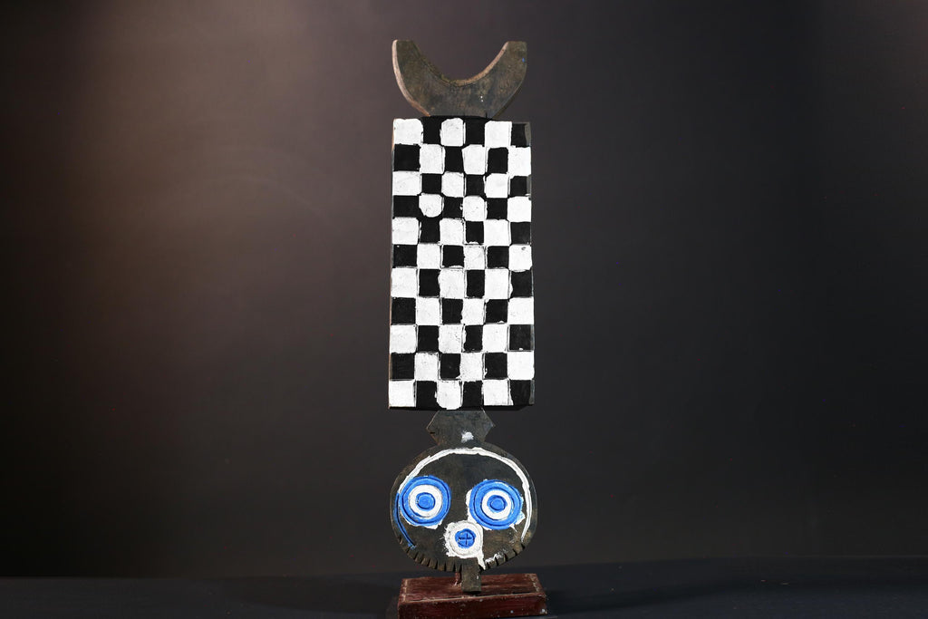 Vertical spirit mask bwa plank mask african tribal art checkerboard wood mask burkina faso wall carving vintage ceremonial sculpture-G5418