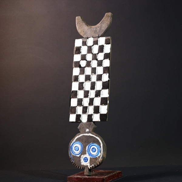 Vertical spirit mask bwa plank mask african tribal art checkerboard wood mask burkina faso wall carving vintage ceremonial sculpture-G5418