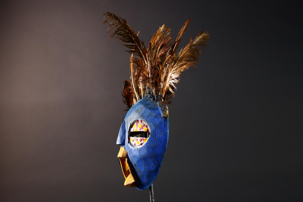 Blue tribal face mask bobo african mask feathered wood mask burkina faso ritual art vintage wall sculpture handmade spirit carving-G5420