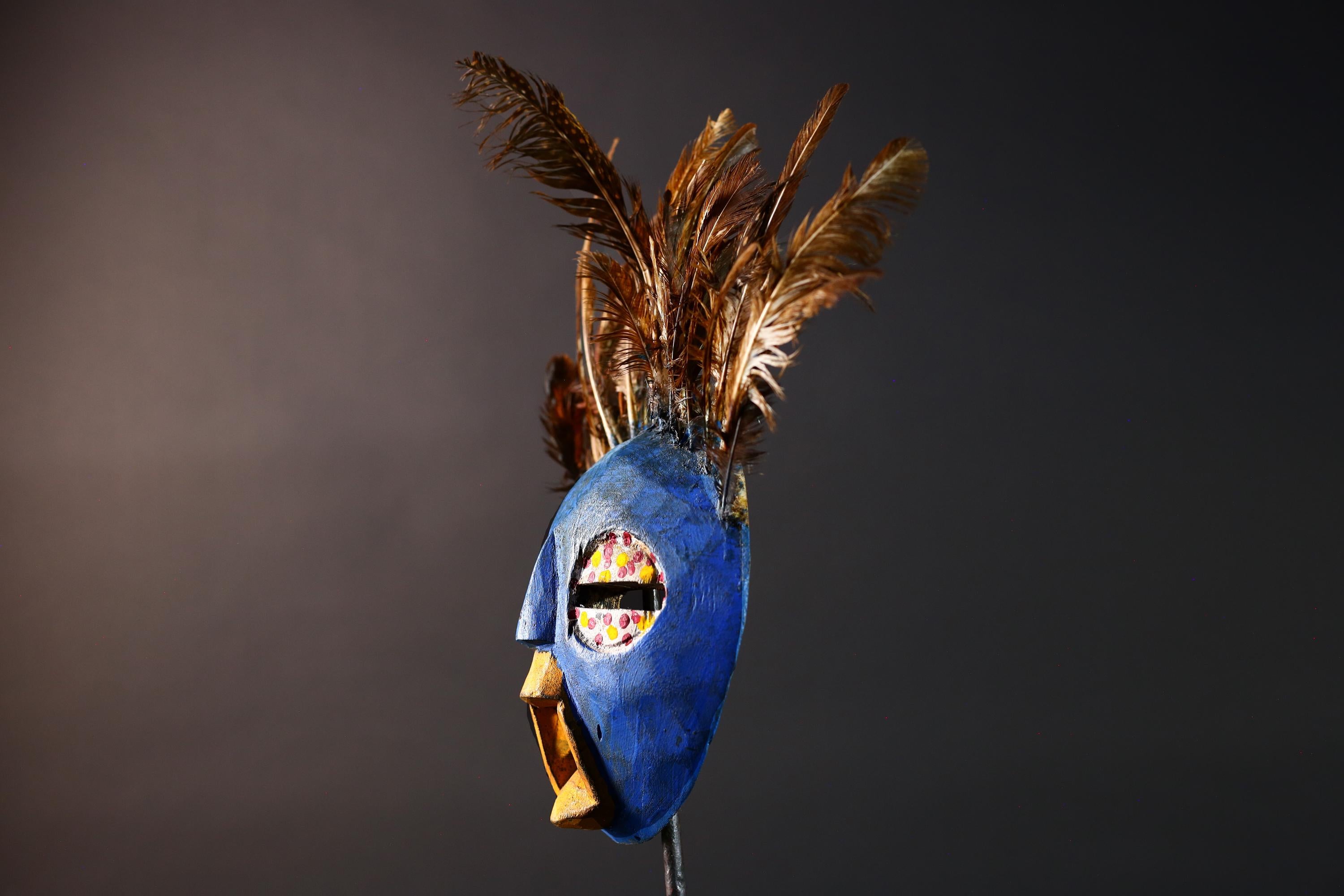 Blue tribal face mask bobo african mask feathered wood mask burkina faso ritual art vintage wall sculpture handmade spirit carving-G5420