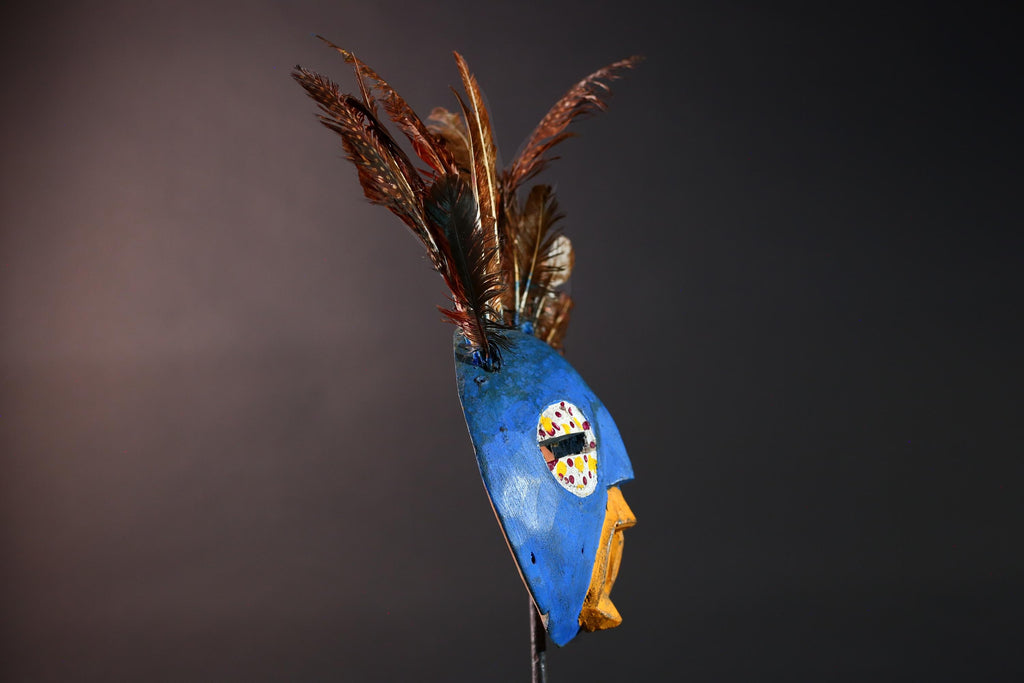 Blue tribal face mask bobo african mask feathered wood mask burkina faso ritual art vintage wall sculpture handmade spirit carving-G5420
