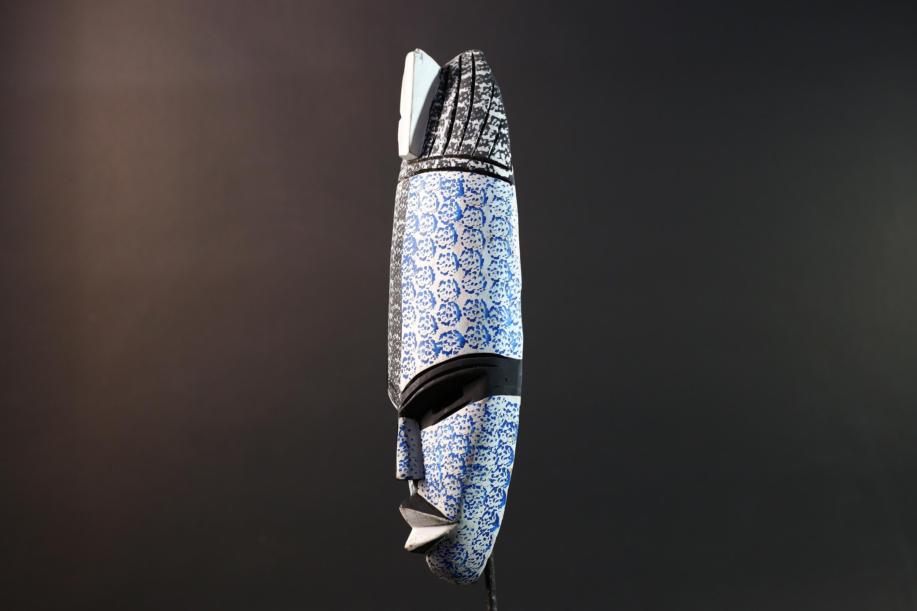 African tribal wall mask Kwele face art blue black carved wood decor handmade African spirit mask wall sculpture Gabon art-G5427