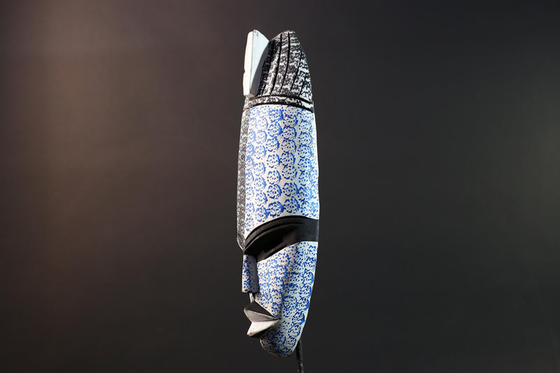 African tribal wall mask Kwele face art blue black carved wood decor handmade African spirit mask wall sculpture Gabon art-G5427