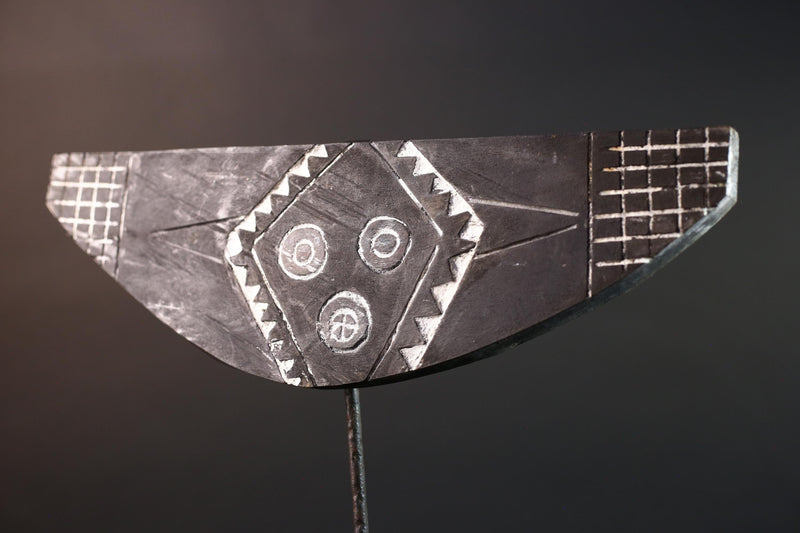 African tribal plank mask Bwa black white wall decor ceremonial wood carving folk art face sculpture Burkina Faso wall mask-G5429