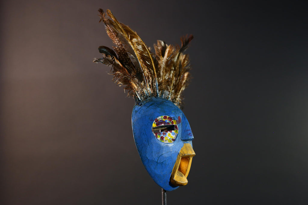 African tribal Bobo mask blue face wall decor with feathers spirit mask Burkina Faso ceremonial art sculpture handmade carving-G5430