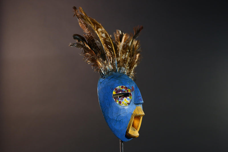 African tribal Bobo mask blue face wall decor with feathers spirit mask Burkina Faso ceremonial art sculpture handmade carving-G5430
