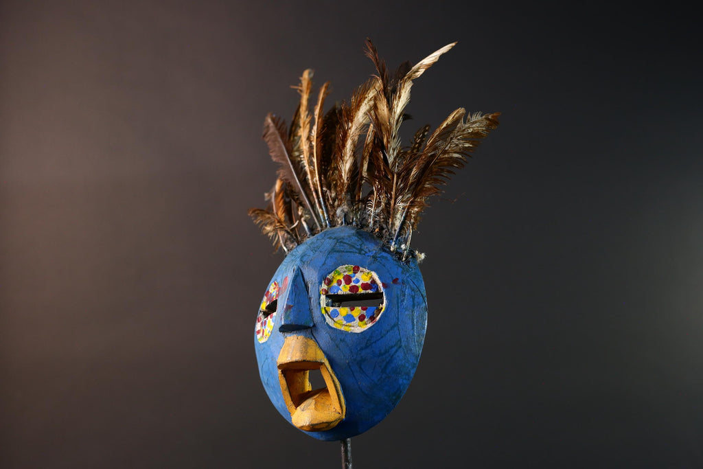 African tribal Bobo mask blue face wall decor with feathers spirit mask Burkina Faso ceremonial art sculpture handmade carving-G5430
