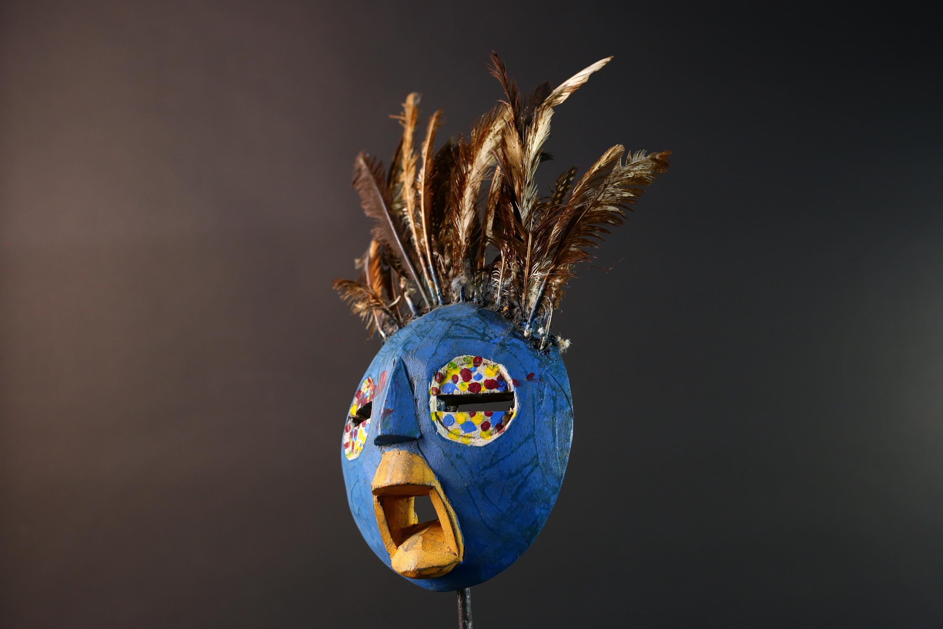 African tribal Bobo mask blue face wall decor with feathers spirit mask Burkina Faso ceremonial art sculpture handmade carving-G5430