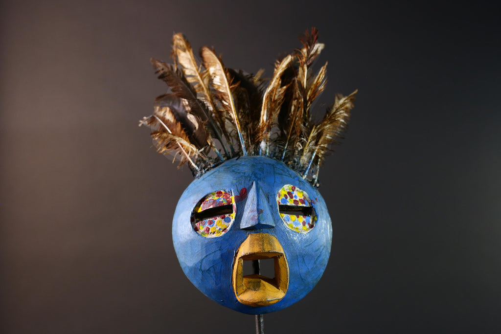 African tribal Bobo mask blue face wall decor with feathers spirit mask Burkina Faso ceremonial art sculpture handmade carving-G5430