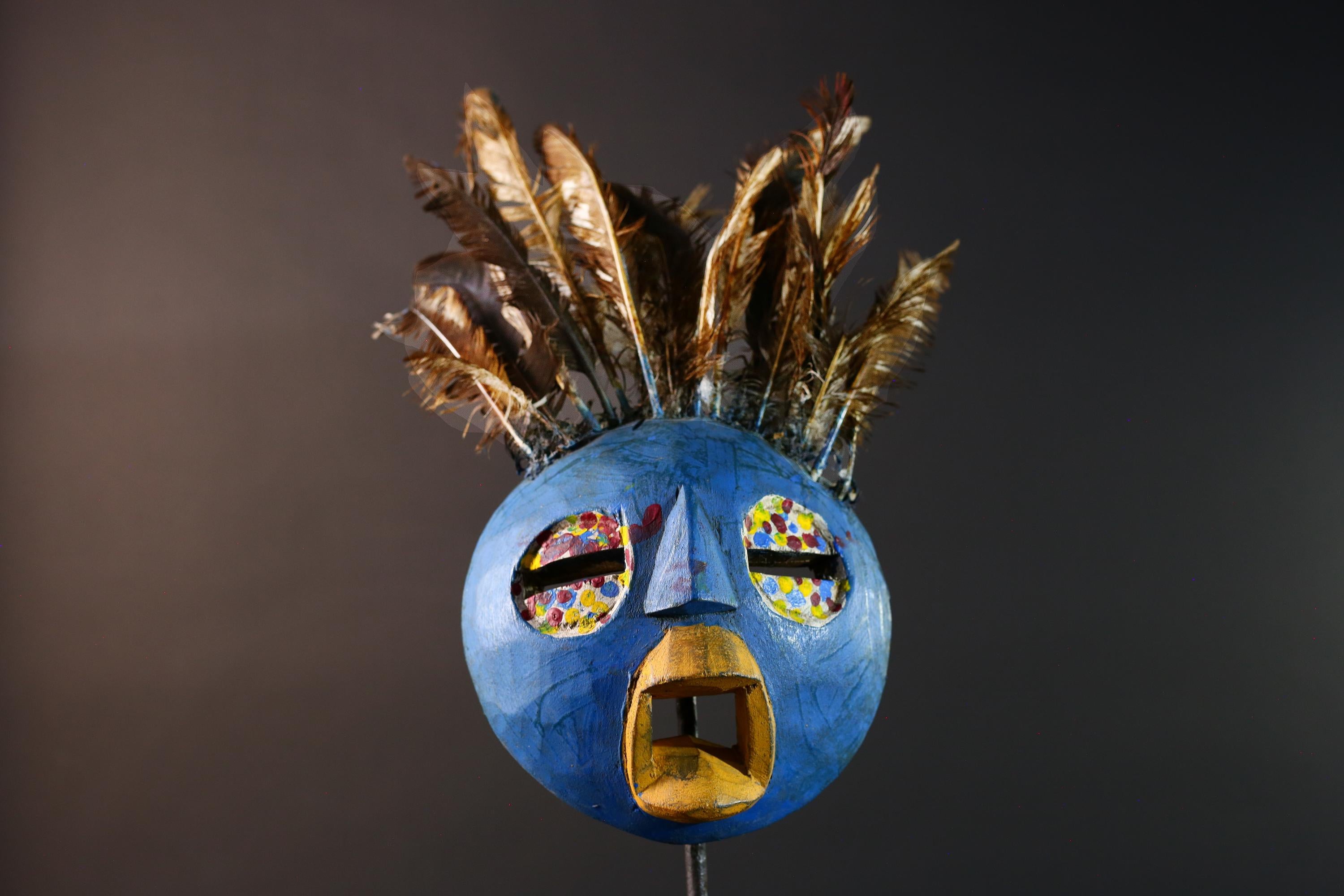 African tribal Bobo mask blue face wall decor with feathers spirit mask Burkina Faso ceremonial art sculpture handmade carving-G5430